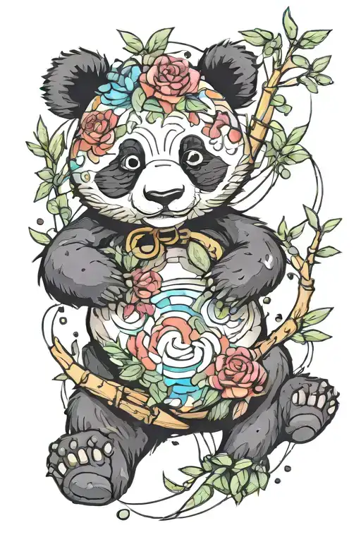CUTE PANDA LINE PRINT WITH WATERCOLOUR BAMBOO RING  tattoo design idea