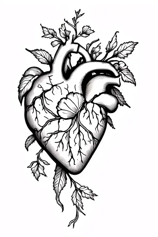 anatomy heart with flower blooming and flowers and vines going down the spine tattoo design idea