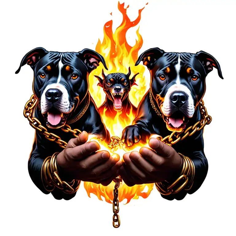 god hands with demon in front holding 2 pitbulls on flaming chains tattoo design idea