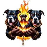 god hands with demon in front holding 2 pitbulls on flaming chains tattoo design idea