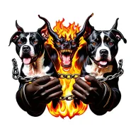 god hands with demon in front holding 2 pitbulls on flaming chains tattoo design idea