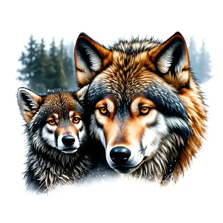 wolf protecting cub surrounded tattoo design idea