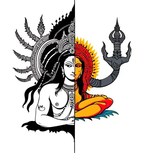 HALF LORD SHIVA MEDITATING AND HALF KIRTIMUKH ASUR (DEMON) THROAT TATTOO BLACK INK MINIMALISTIC COLOR COVERING THE NECK tattoo design idea