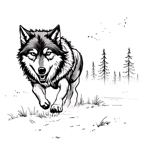 A sketch-style tattoo of a wolf running through a forest under the night sky, with Teen Wolf inspired elements incorporated tattoo design idea