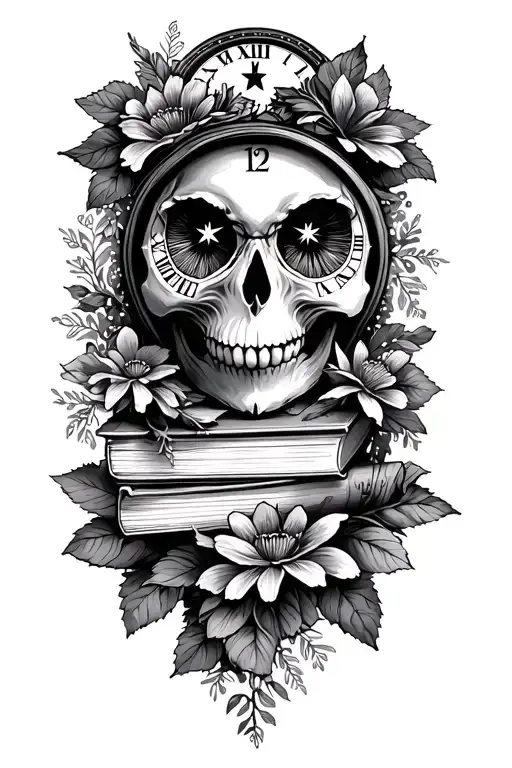 skull, stars, forest, lace, flowers, books, owl, clock tattoo design idea