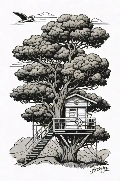 Los Angeles lifeguard tower in a tree nestled in the mountains tattoo design idea