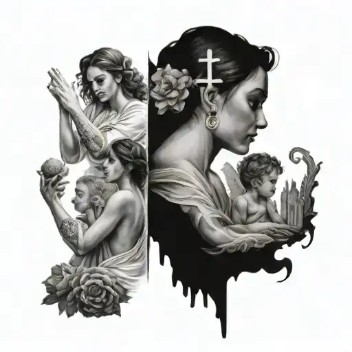 Tattoo depicting three different scenes. 1-1- abused godly child 2- a woman separate from God 3- same women back w God tattoo design idea