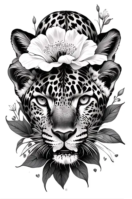 leopard roar and leopard cub snow drop flower carnation flower daphodile intertwined tattoo design idea
