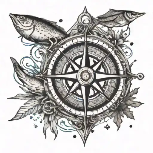 A dotwork tattoo of a compass rose surrounded by various outdoor elements like trees, fish, and hunting gear tattoo design idea
