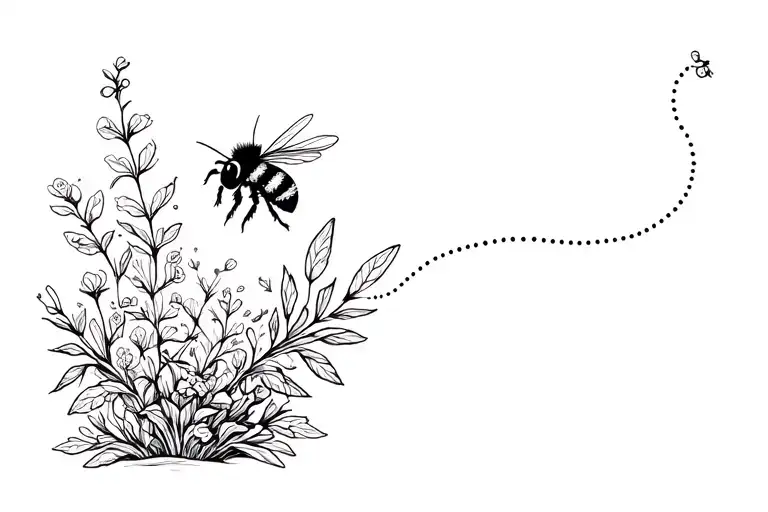 cute bumble bee with a dotted line trailing behind it surrounded by delicate plants tattoo design idea