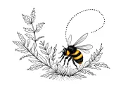 cute bumble bee with a dotted line trailing behind it surrounded by delicate plants tattoo design idea