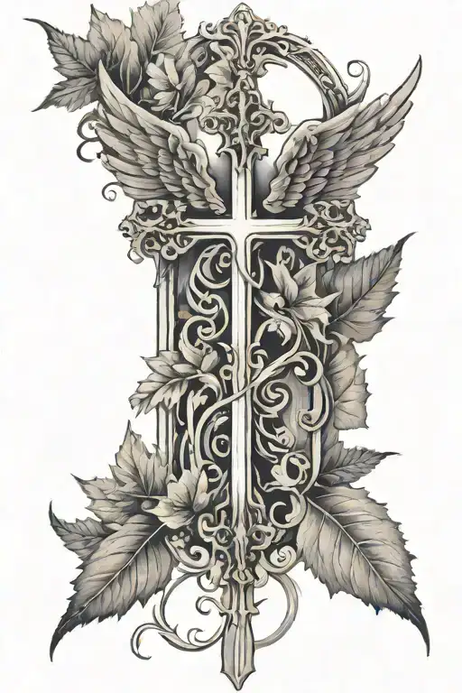 cross with fall leaves and angel wings tattoo design idea