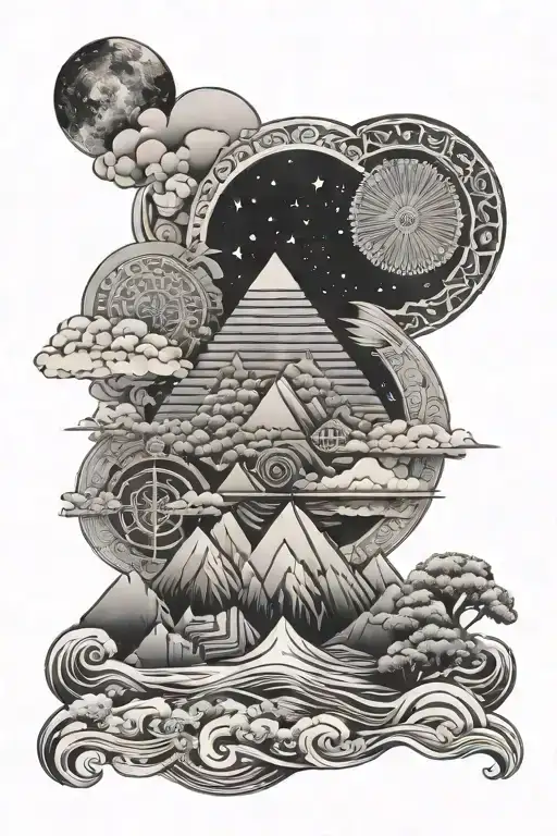 Japanese cherry mandala Egypt city wave cloud mountain cosmic stars planet tattoo design idea