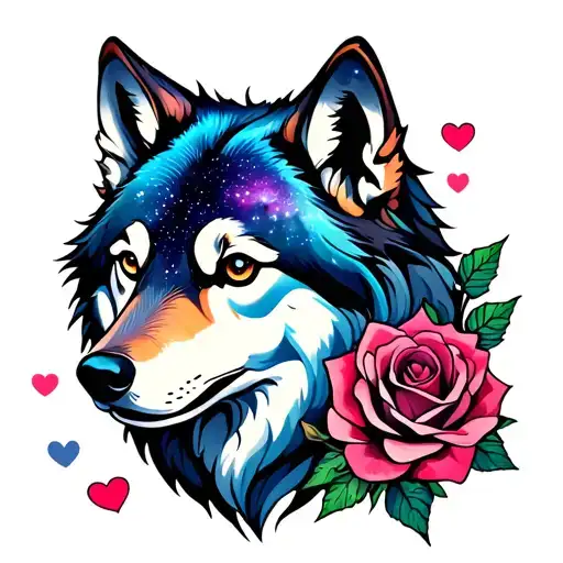 wolf rose love hearts galaxy tattoo design idea