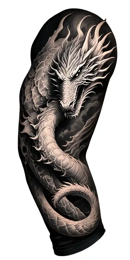 Full arm sleeve tattoo in black and gray realism. Dragon wrap around arm with verse James 1:19-20 and religious sybols. tattoo design idea