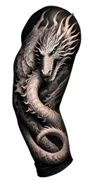 Full arm sleeve tattoo in black and gray realism. Dragon wrap around arm with verse James 1:19-20 and religious sybols. tattoo design idea