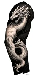 Full arm sleeve tattoo in black and gray realism. Dragon wrap around arm with verse James 1:19-20 and religious sybols. tattoo design idea