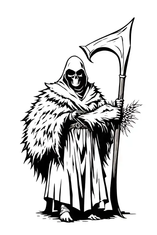 grim reaper wearing a wolf skin pelt holding a grain scythe tattoo design idea