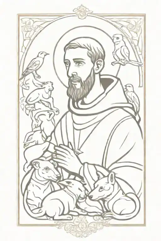 A stylized portrait of Saint Francis of Assisi surrounded by various animals, symbolizing your love for animals and your devotion to the Catholic faith tattoo design idea