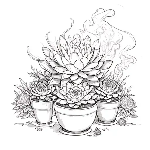 centrepiece succulent surrounded by others with smoke tattoo design idea