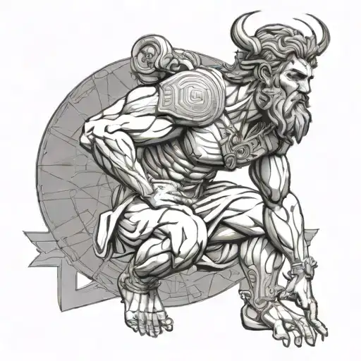 FRONT VIEW OF GREEK MYTHOLOGY GOD ATLAS CROUCHING CARRYING THE EARTH ON HIS BACK WITH GEOMETRICAL ELEMENTS  tattoo design idea