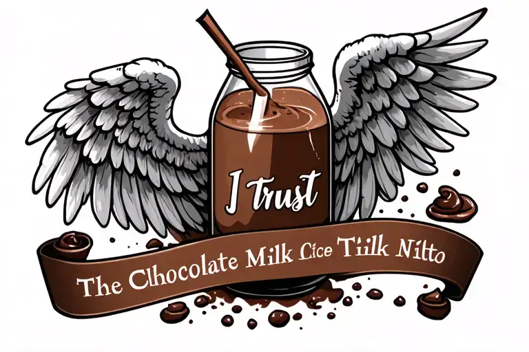 half gallon of chocolate milk radiates gods light with angel wings with the text in chocolate milk I trust. tattoo design idea