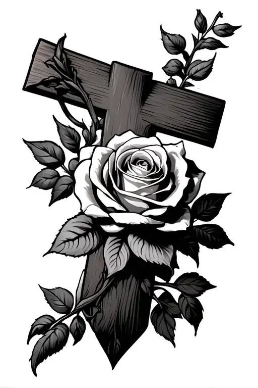 cross wrapped with a rose and cardinal tattoo design idea