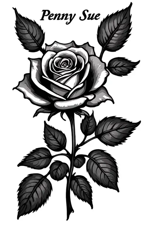 rose with name "Penny Sue" in the stem turns tattoo design idea