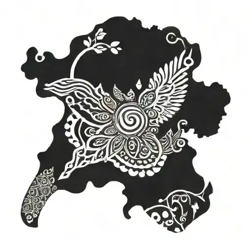 African dance silhouette with intricate patterns of Ghana symbols of hope, restoration, love, and peace tattoo design idea