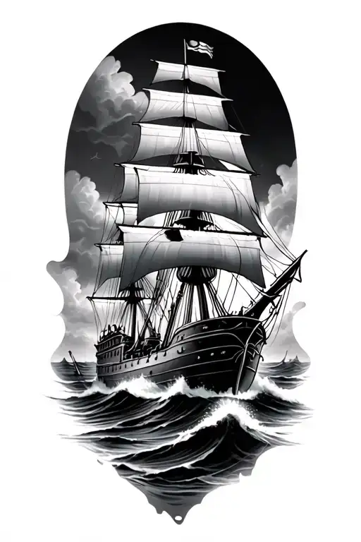 USS Constitution surrounded by rough seas Neptune looking tattoo design idea