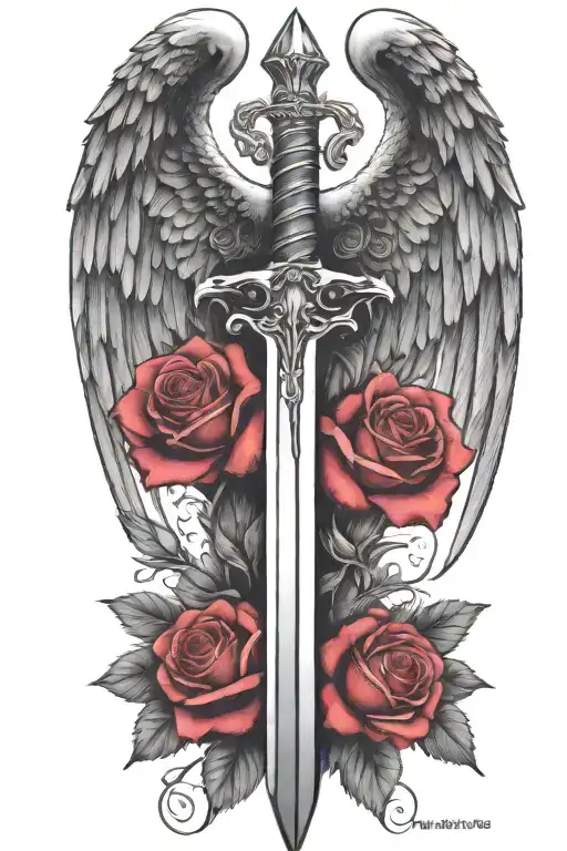 angel wings behind a sword, roses tattoo design idea