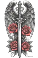 angel wings behind a sword, roses tattoo design idea