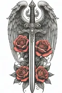 angel wings behind a sword, roses tattoo design idea