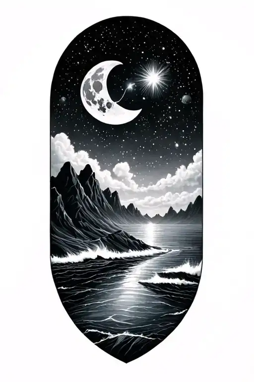 ocean, moon, big dipper, mountains tattoo design idea