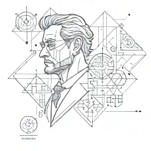 A sketch-style tattoo featuring a salesman character surrounded by geometric shapes and symbols related to math, representing the client's occupation and interests tattoo design idea