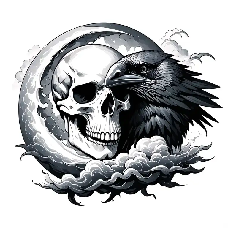 raven half moon skull clouds tattoo design idea