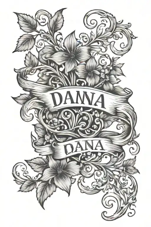 vines going around the around with feminine flowers and the name danna on top of one of the vines in small tattoo design idea