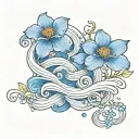 Two Waves inter-twined with the date October 3, 2024. Blue flowers around the outside tattoo design idea