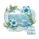 Two Waves inter-twined with the date October 3, 2024. Blue flowers around the outside tattoo design idea