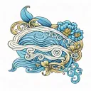 Two Waves inter-twined with the date October 3, 2024. Blue flowers around the outside tattoo design idea