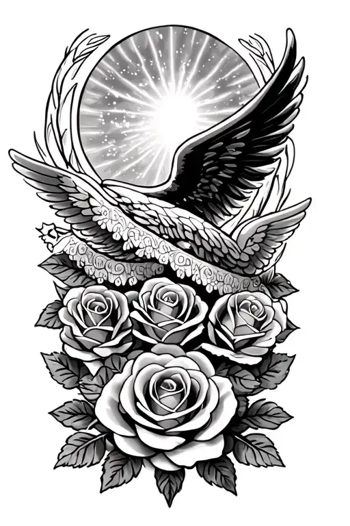 lace styled tribal garter band elegantly encircling with a couple roses and a single pair of wings for a child in heaven tattoo design idea