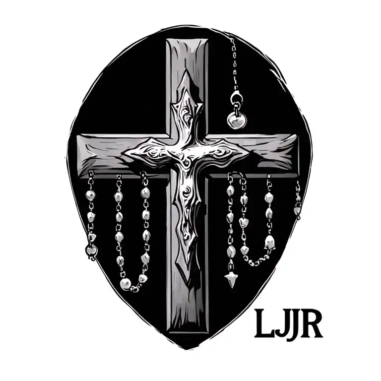 "LLJR"  Christian cross with rosary tattoo design idea