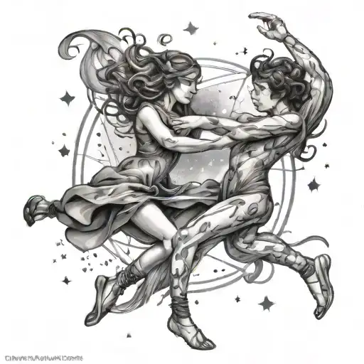 A cosmic scene of two Gemini twins dancing among the stars, surrounded by family constellations tattoo design idea