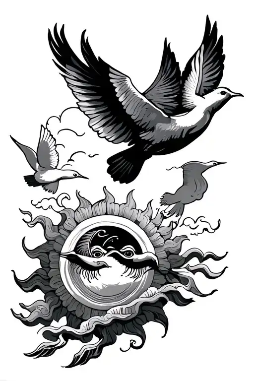 filipino sun with clouds and doves flying tattoo design idea