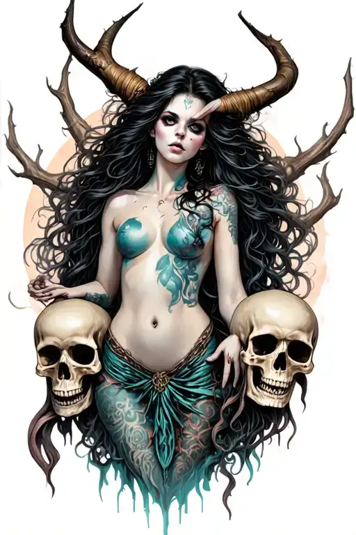 evil beautiful and scary siren with skulls around her tattoo design idea