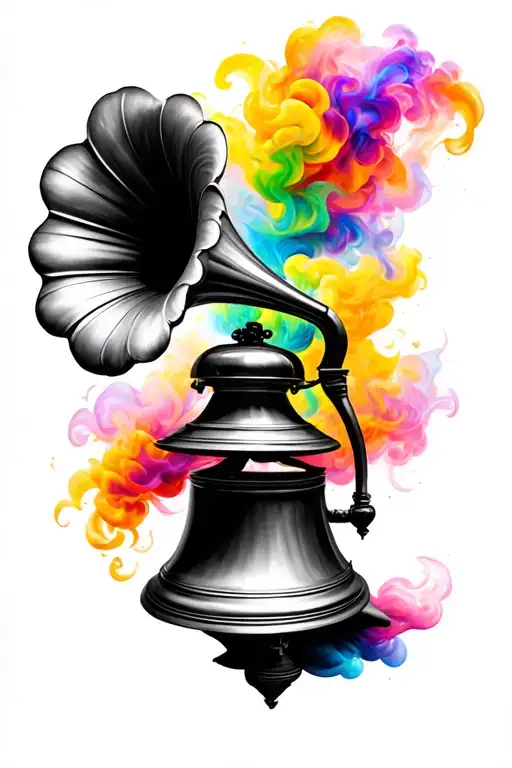 black and white gramophone with colored smoke bellowing out of the bell tattoo design idea