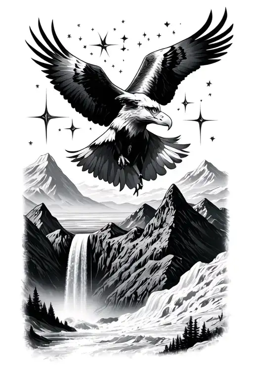 mountains, waterfall, ram, stars, 777, eagles soaring tattoo design idea