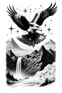 mountains, waterfall, ram, stars, 777, eagles soaring tattoo design idea