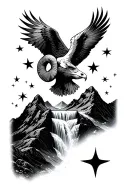 mountains, waterfall, ram, stars, 777, eagles soaring tattoo design idea