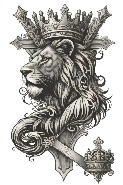 cross with crown hanging other half lion with crown tattoo design idea